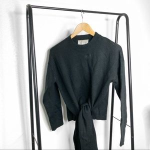 JOA Black Crewneck Tie Waist Cropped Sweater